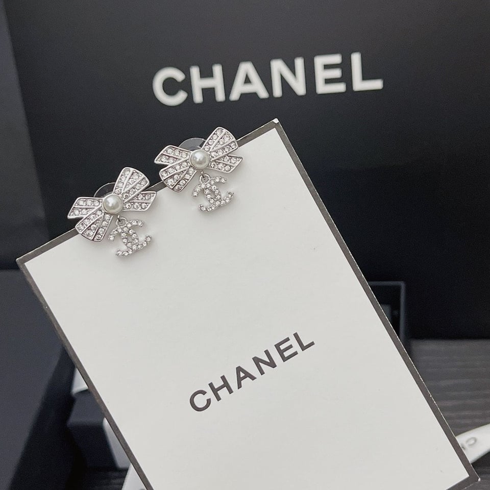 Chanel Crystal Cc Bow Drop Earrings Silver view 4