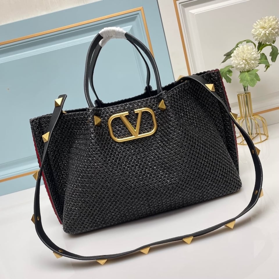 Valentino Garavani Medium Straw Summer Tote Black 35Cm view 4