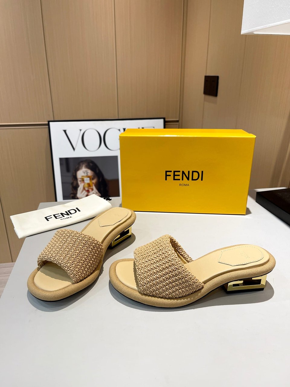 Fendi Baguette Raffia Slide Sandal Natural Neutral view 9
