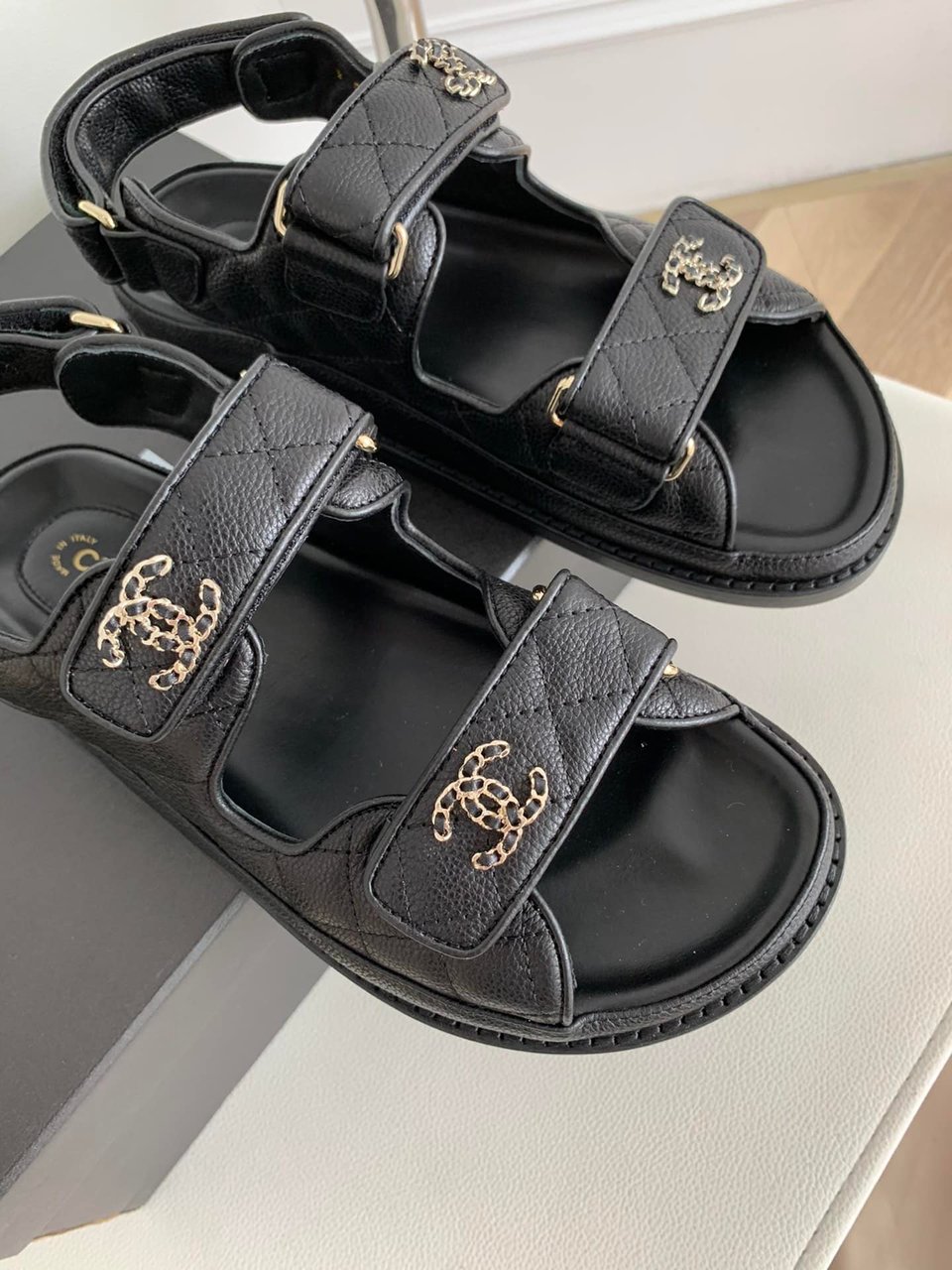 Chanel Cc Button Velcro Black Sandals Grained Calfskin Leather view 6