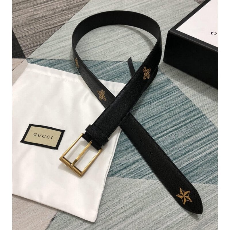 Gucci Calfskin Bees And Stars Print Belt 35mm 495125 Black Unisex view 10