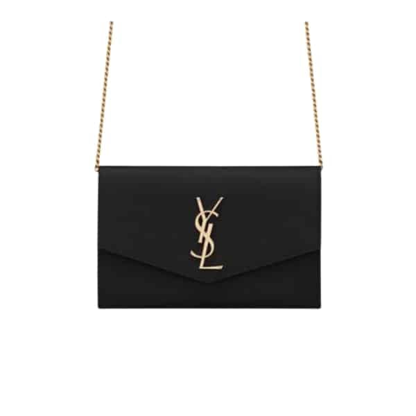 Saint Laurent Uptown Chain Wallet In Grain De Poudre Embossed Black 19Cm