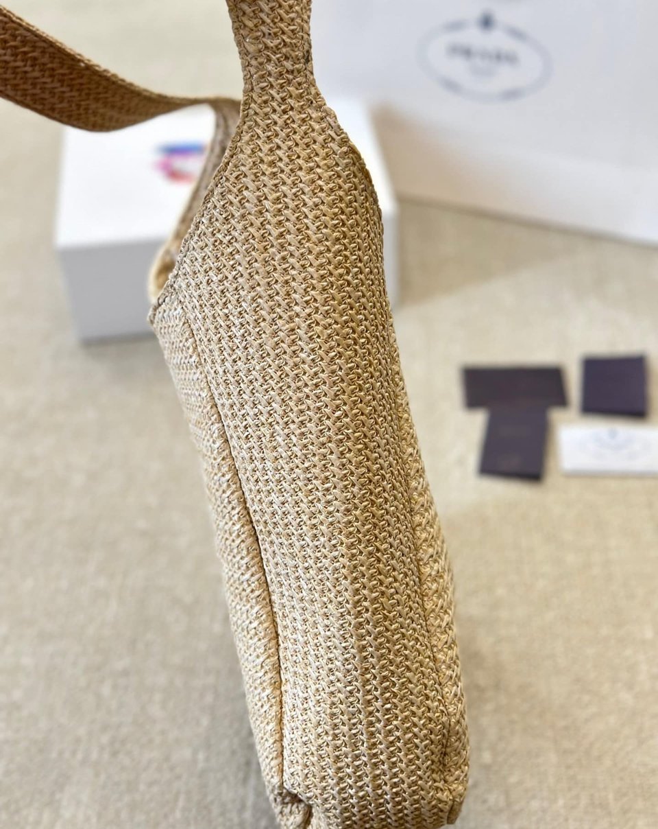 Prada Logo Embossed Raffia Shoulder Bag Beige 33Cm view 11