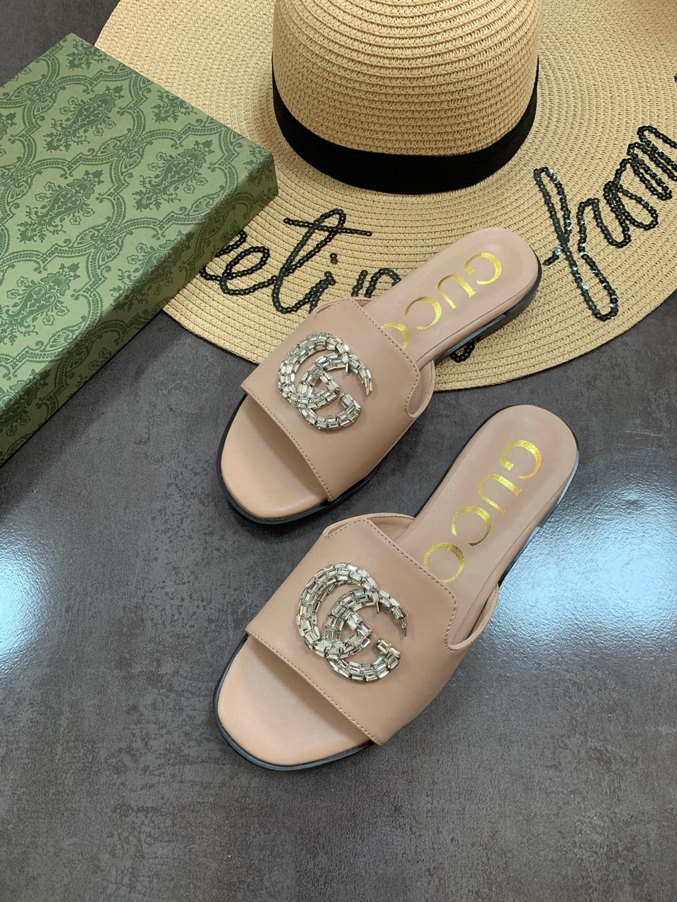 Gucci Double G Slippers Leather Beaded In Beige view 8