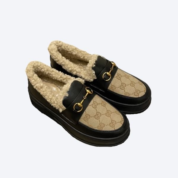 Gucci Fleece Collar Loafers Gg Beige And Black Leather view 2