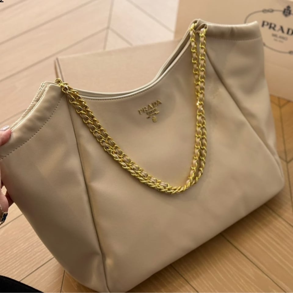 Prada Pomice Soft Calfskin Leather Chain Tote Bag Beige 38Cm view 3