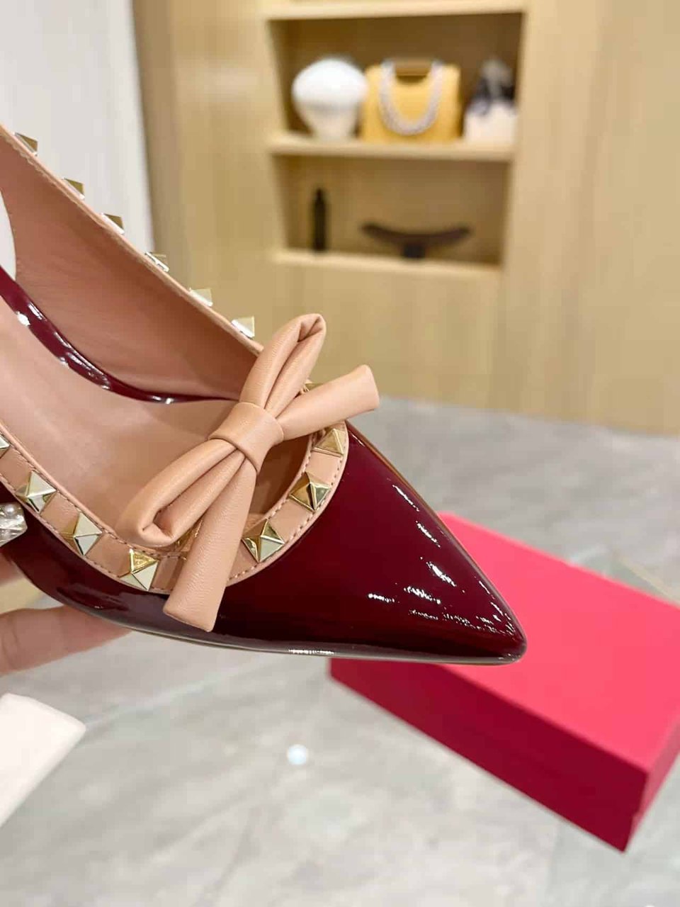 Valentino Rockstud Bow Slingback Pump In Patent Leather With Matching Studs Red view 5
