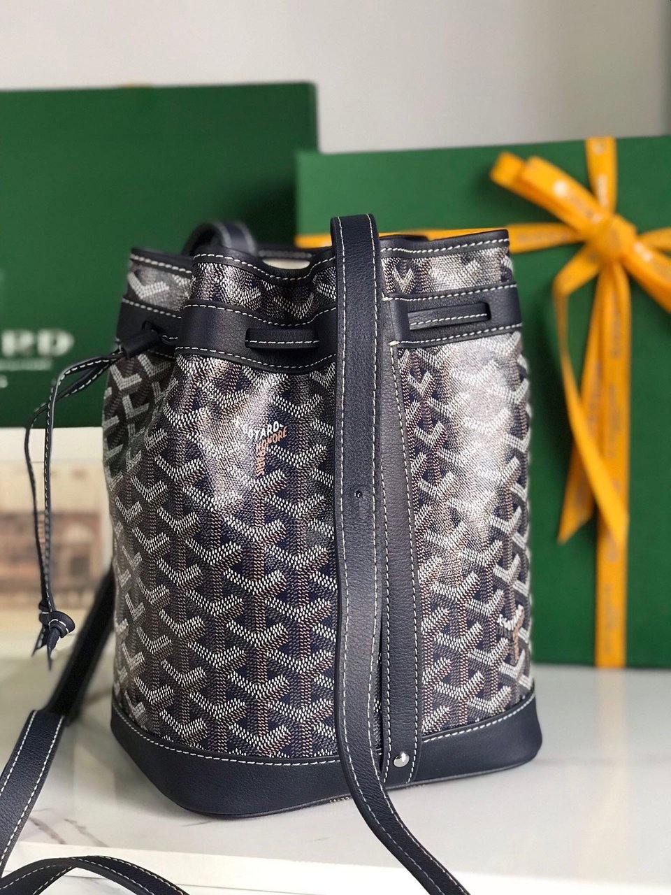 Goyard Petit Flot Bucket Bag 22cm Navy Blue Goyardine Canvas And Lambskin Trim view 5