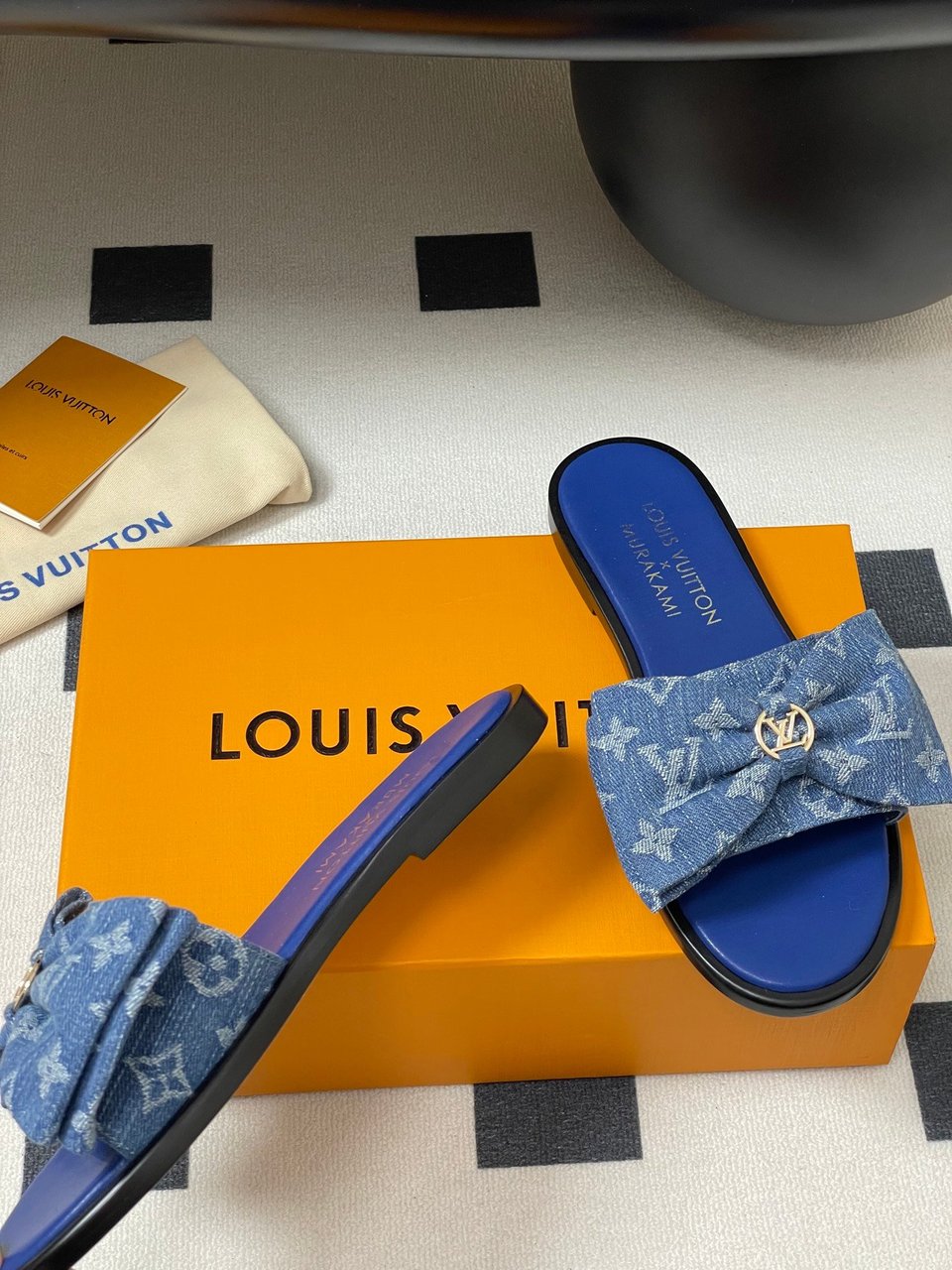 Louis Vuitton x Takashi Murakami Lily Flat Mule Bow Slide Sandals Blue Canvas 1AGVYA view 7
