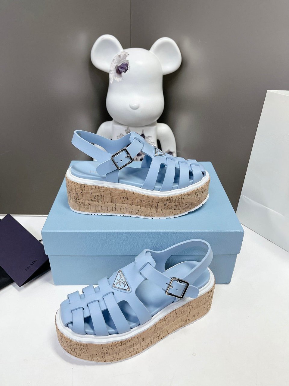 Prada Rubber Wedge Platform Sandals Light Blue view 3