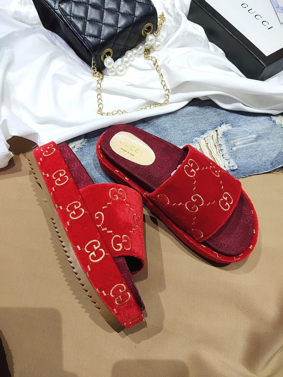 Gucci Women?S With Gg Pattern Slide Sandal Red view 7