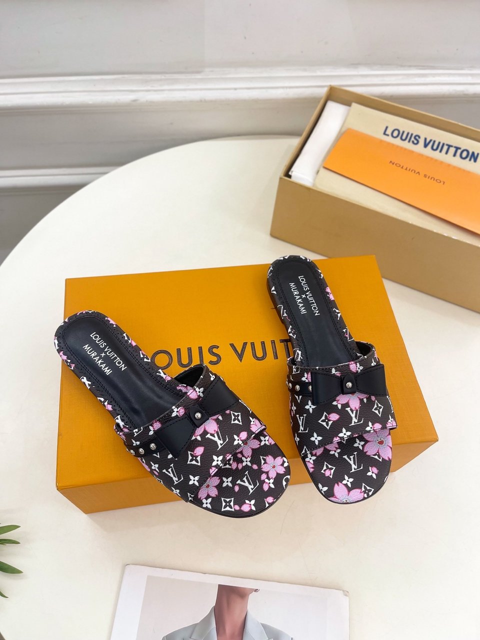 Louis Vuitton x Takashi Murakami Cherry Blossom Flat Slide Black Monogram with Bow view 8