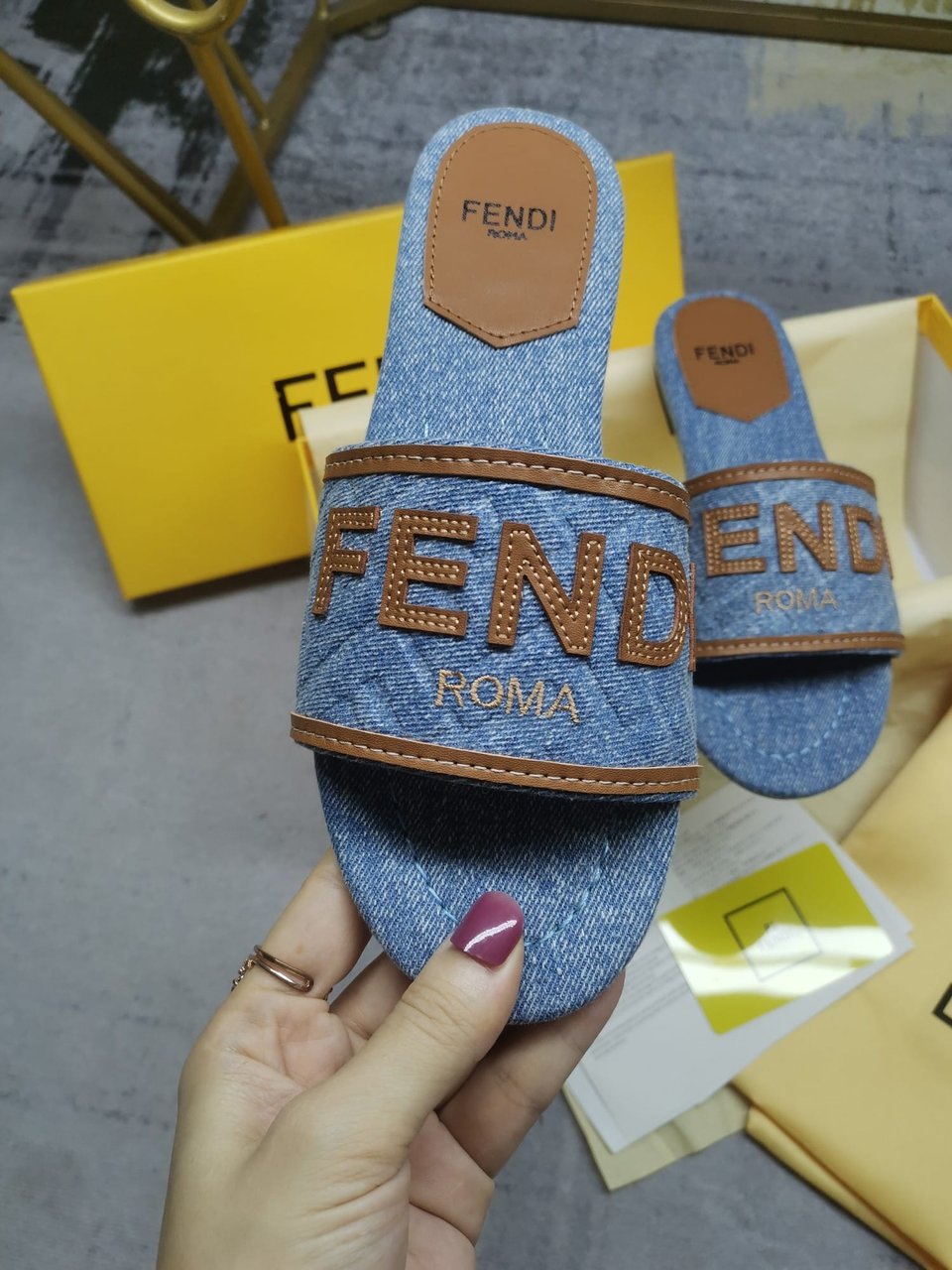 Fendi Signature Light Blue Denim Slides view 7