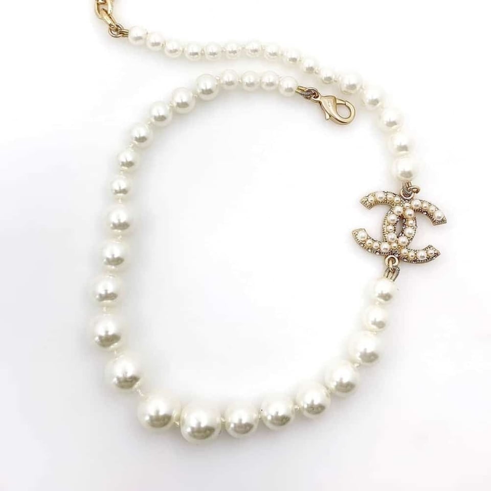 Chanel Metallic Silver Tone Coco Faux Pearl Cc Necklace view 2