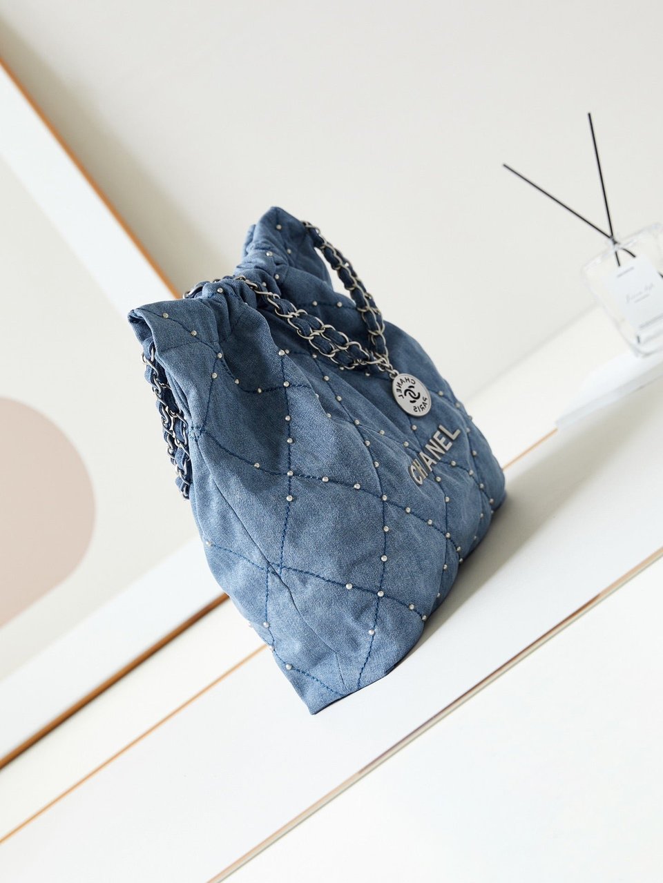 Chanel 22 Hobo Wasted Blue Denim Silver Hardware view 10