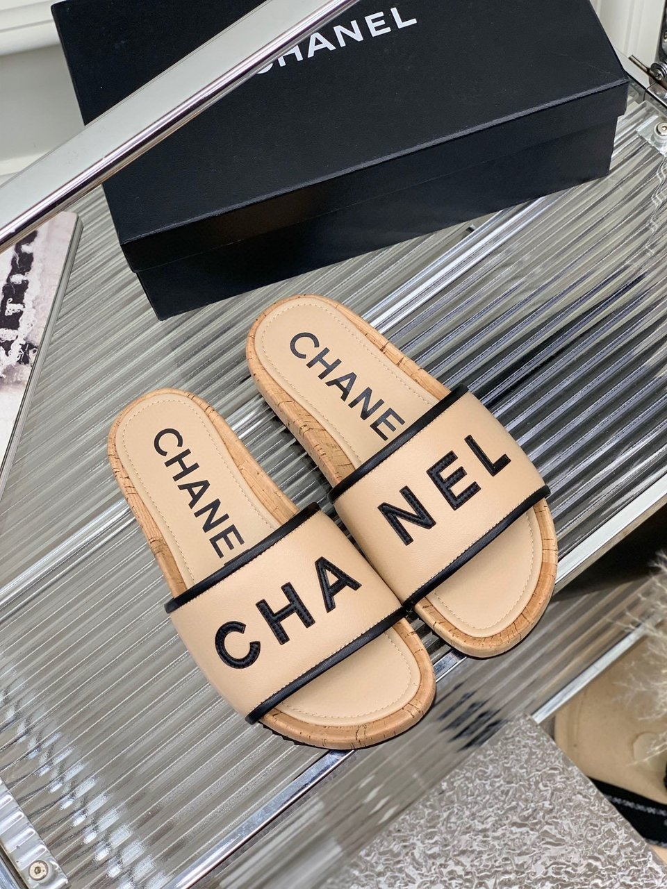 Chanel Leather Logo Cork Slide Sandals Beige view 3