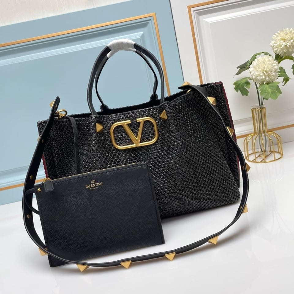 Valentino Garavani Medium Straw Summer Tote Black 35Cm view 3