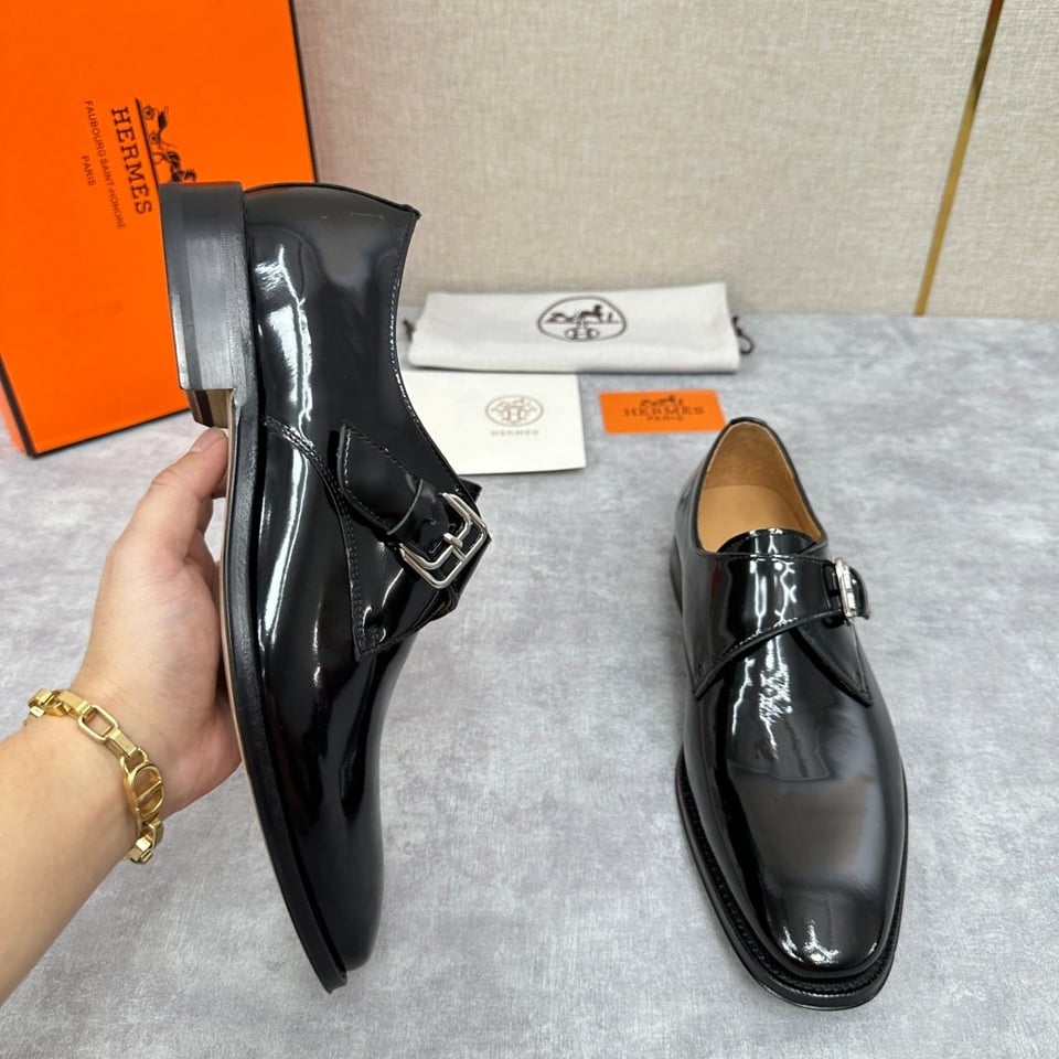Hermès Black Polished Leather Monk Strap- Shoes for Men view 6