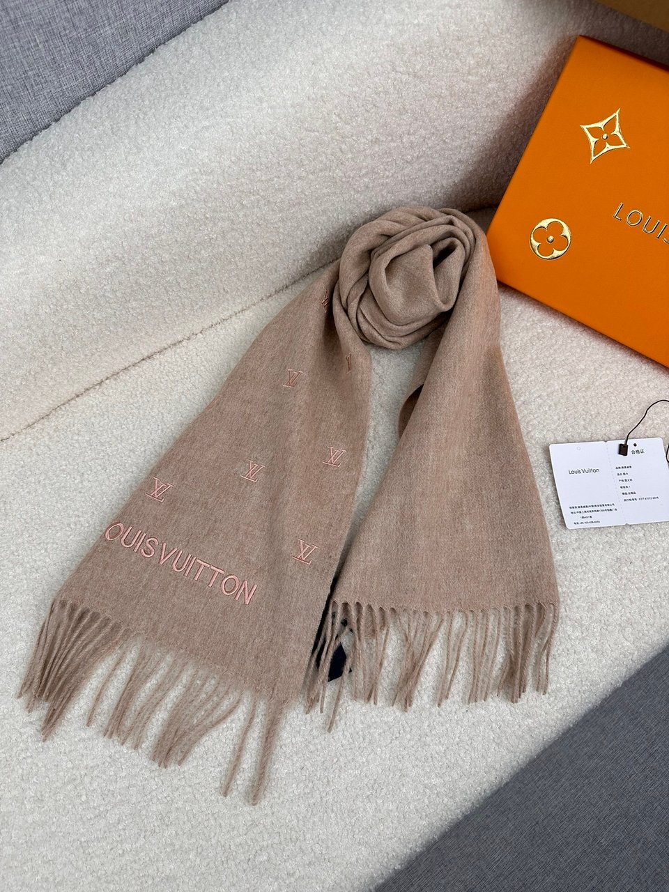 Louis Vuitton Monogram Cashmere Scarf Beige-Pink For Women 180cm