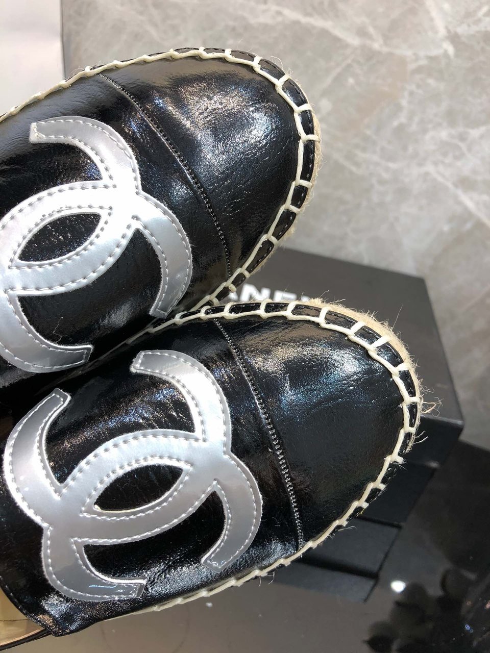 Chanel Embroidered Espadrille Leather Cap Toe Flats Black Cc view 5