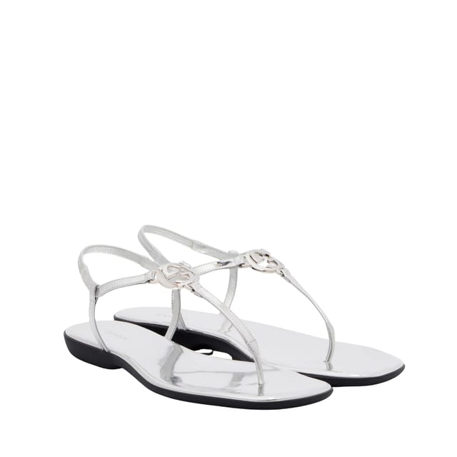 Gucci Thong Sandal With Interlocking G Metallic Silver Leather ‎874699 For Women