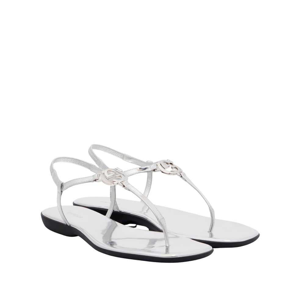 Gucci Thong Sandal With Interlocking G Metallic Silver Leather ‎874699 For Women
