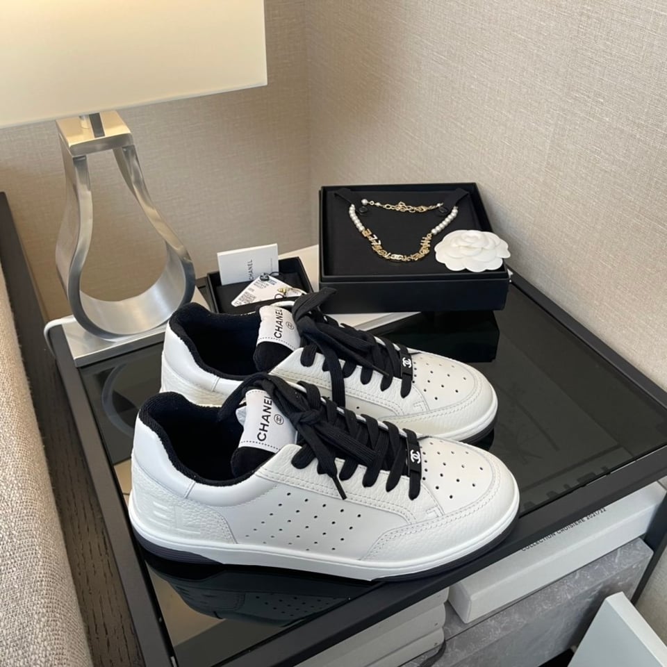 Chanel White/Black Leather Logo Sneakers view 5