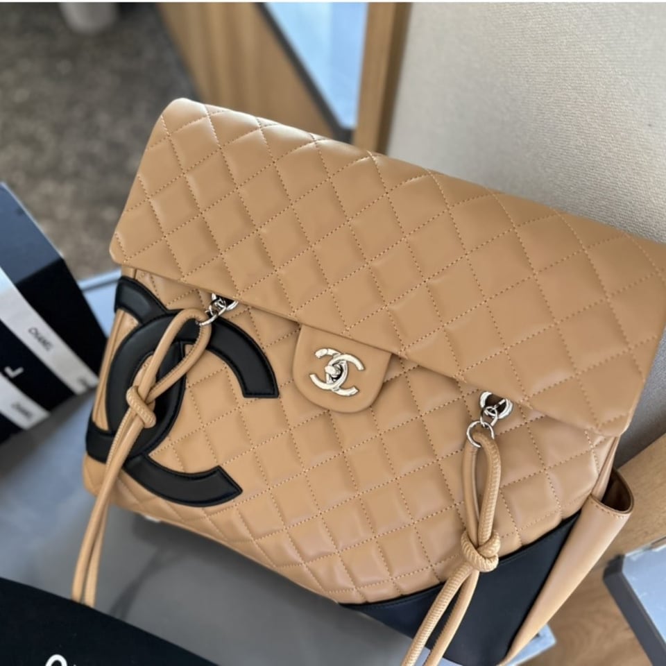 Chanel Cambon Shopping Bag Quilted Leather In Beige And Black 36Cm view 6