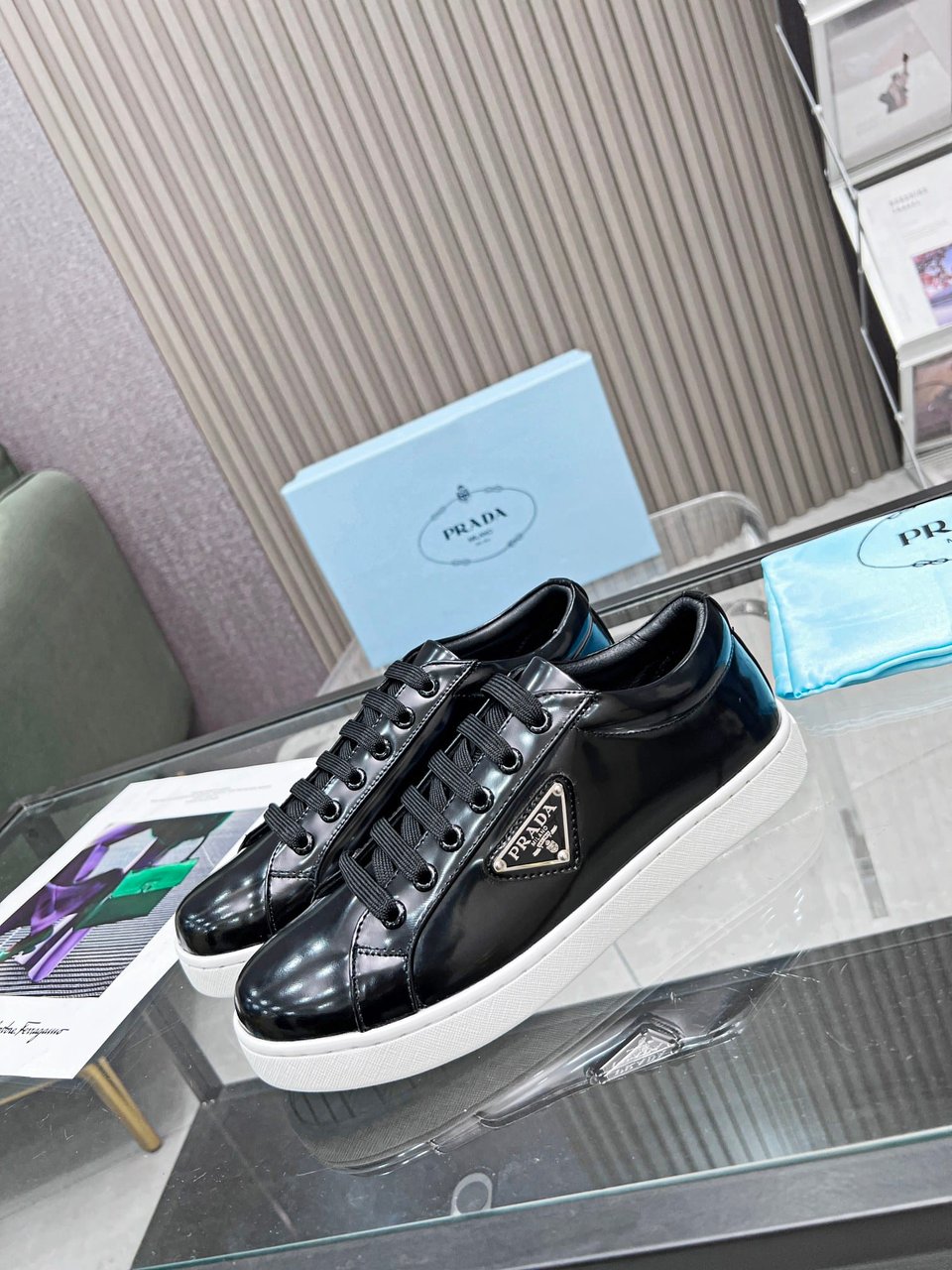 Prada Logo Sneakers In Brushed Leather Black view 3