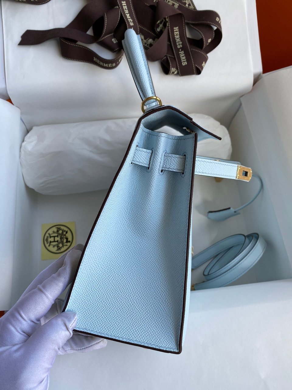 Hermes Kelly 25 Bag In Light Blue Epsom Leather For Women 25cm/10in view 5