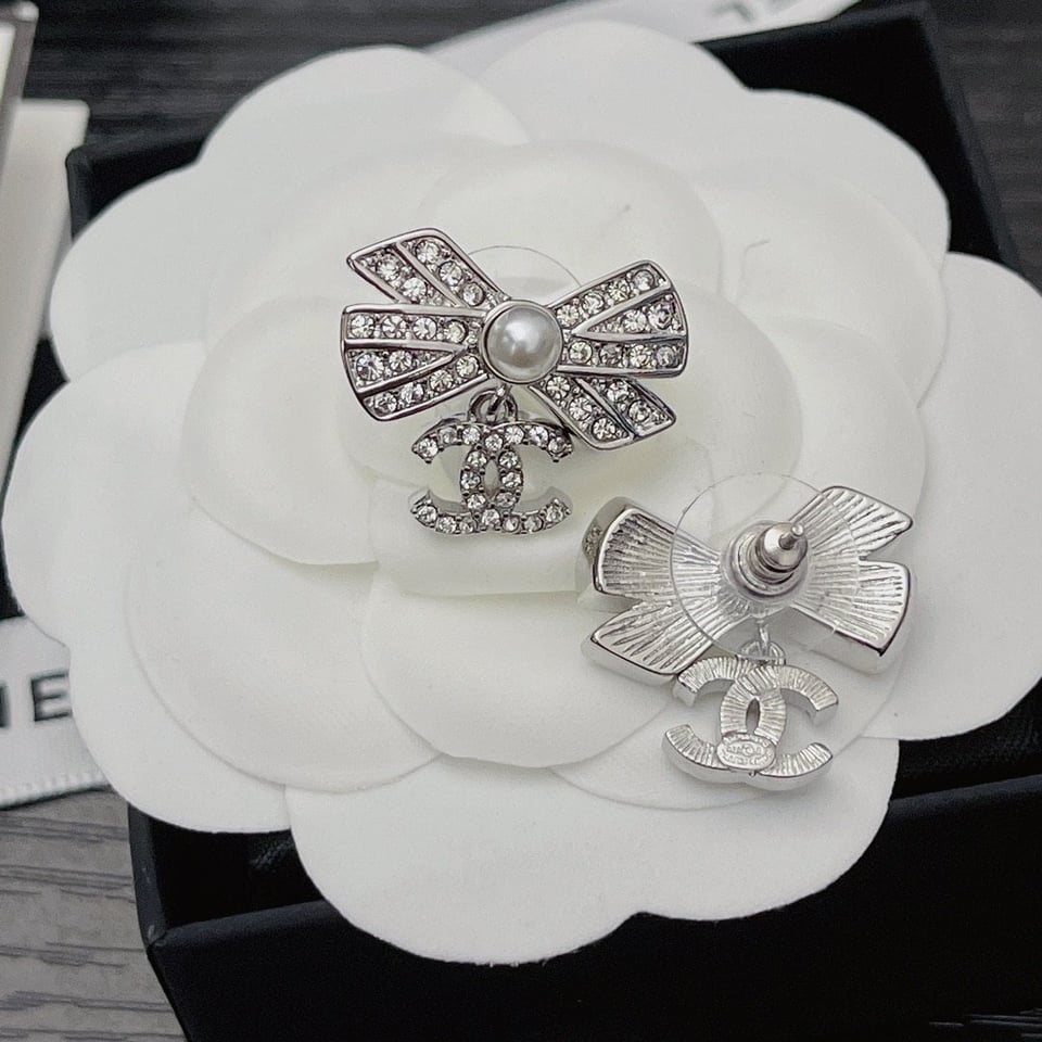 Chanel Crystal Cc Bow Drop Earrings Silver view 5