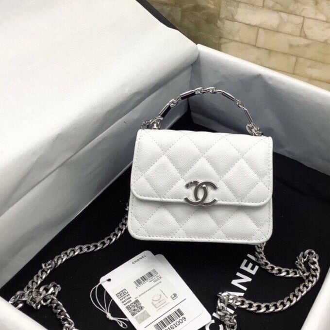Chanel Woc 13Cm With Top Handle White Quilted Caviar Leather Silver Hardware