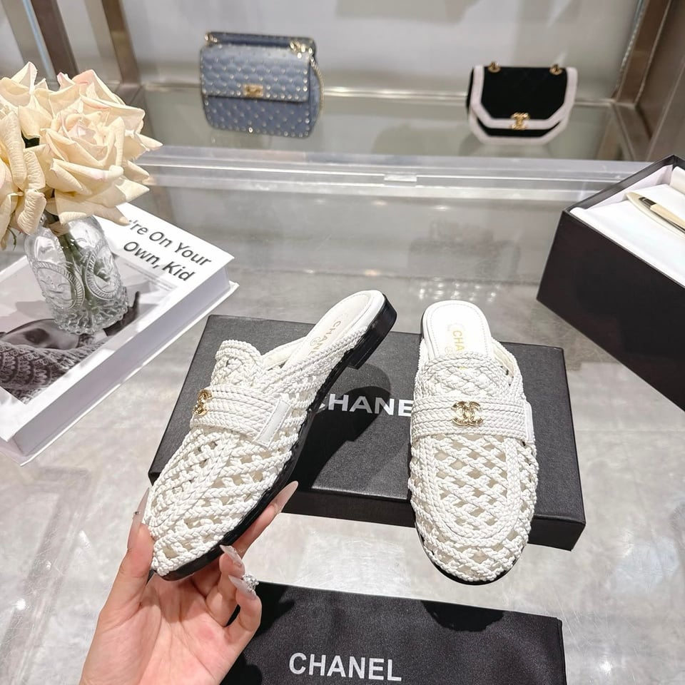Chanel Braided Woven Raffia Mules with CC Logo White Raffia G39850 view 10