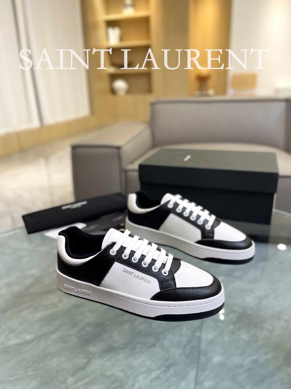 Saint Laurent Perforated Leather Sneakers Black And White view 10