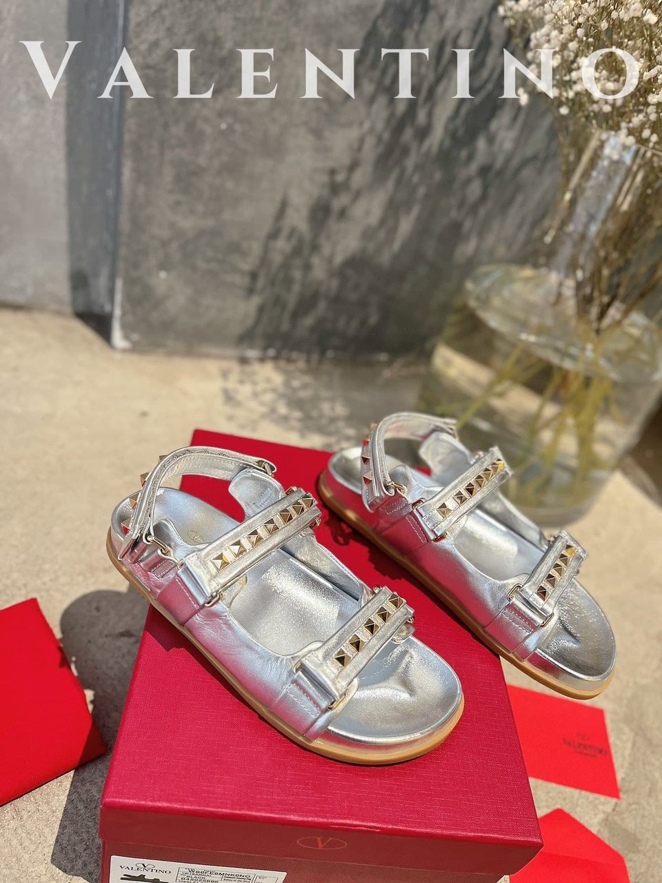 Valentino Garavani Rockstud Flat Sandal In Nappa Leather For Woman In Silver view 7