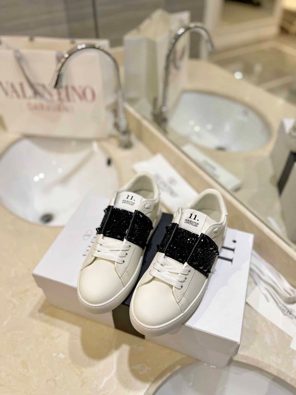 Valentino Garavani Rockstud Untitled Crystal Embellished Leather Sneakers Black view 9