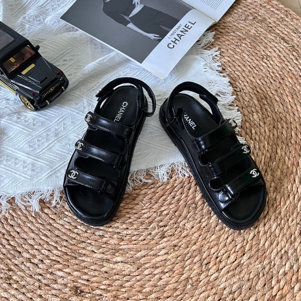 Chanel Triple Velcro Strap Sandals Black G45628 B16403 94305 view 10