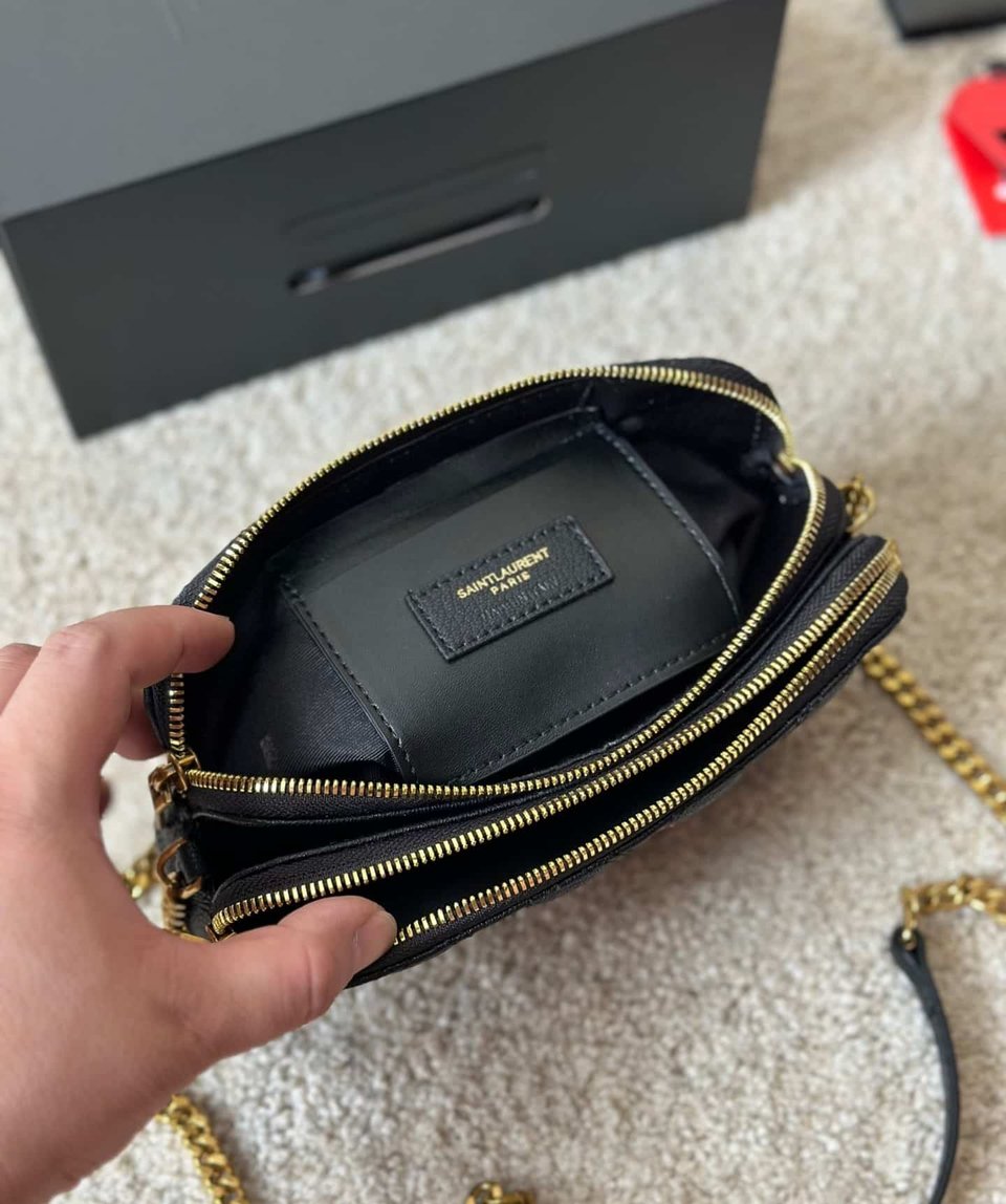 Saint Laurent Becky Quilted Double Zip Pouch Bag Black 20Cm view 11