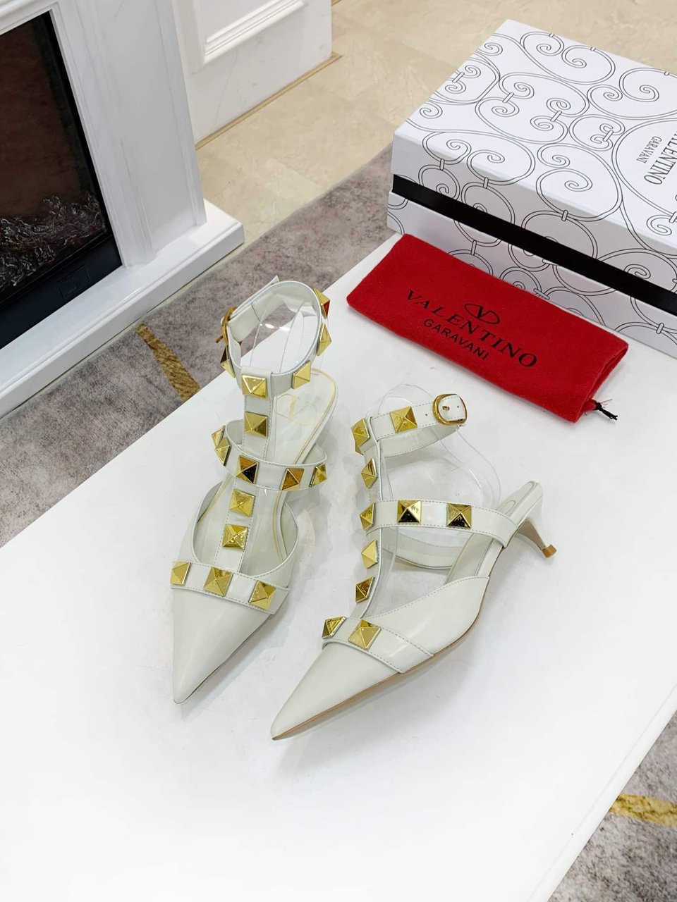 Valentino Garavani Roman Stud Kitten Heel Pumps White view 4