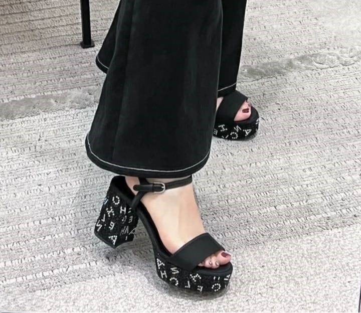 Chanel Sandal Pump Stone Beads Black Silver G45365 B15306 Nu665 view 6