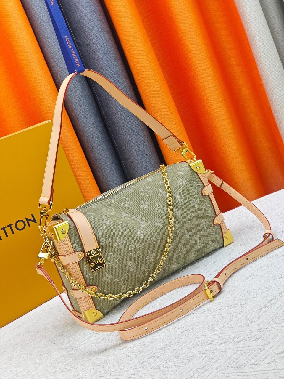 Louis Vuitton East West MM Side Trunk Bag Khaki Denim 28cm M27451 view 2
