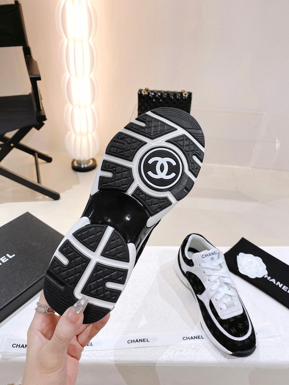 Chanel Printed Suede Calfskin Sneakers White And Black G39230 X56653 94305 view 3