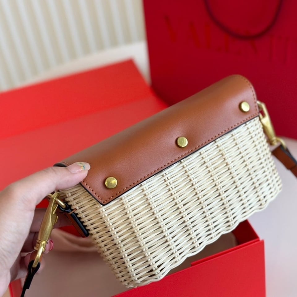 Valentino Loco Vlogo Flap Straw Shoulder Bag Brown 18Cm view 7