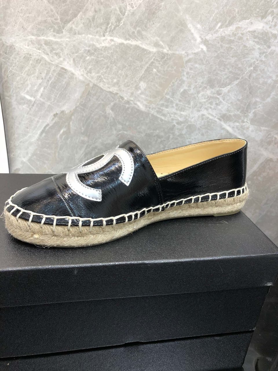 Chanel Embroidered Espadrille Leather Cap Toe Flats Black Cc view 6