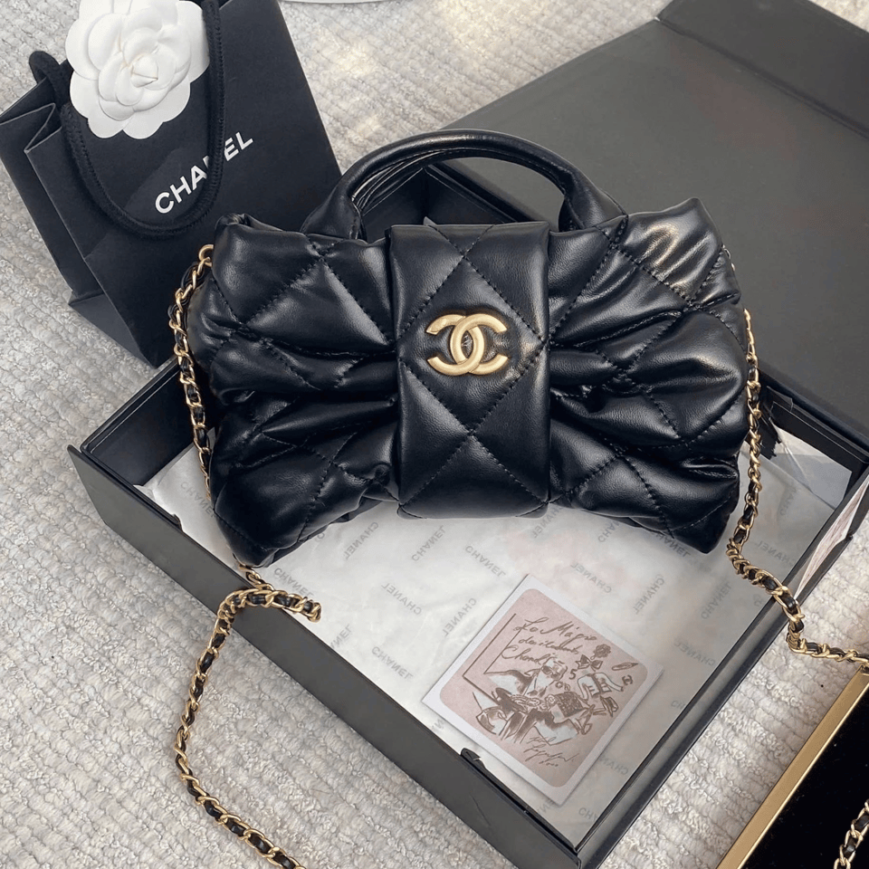 Chanel Bow Chain Shoulder Bag Black 26cm/10.2in view 6