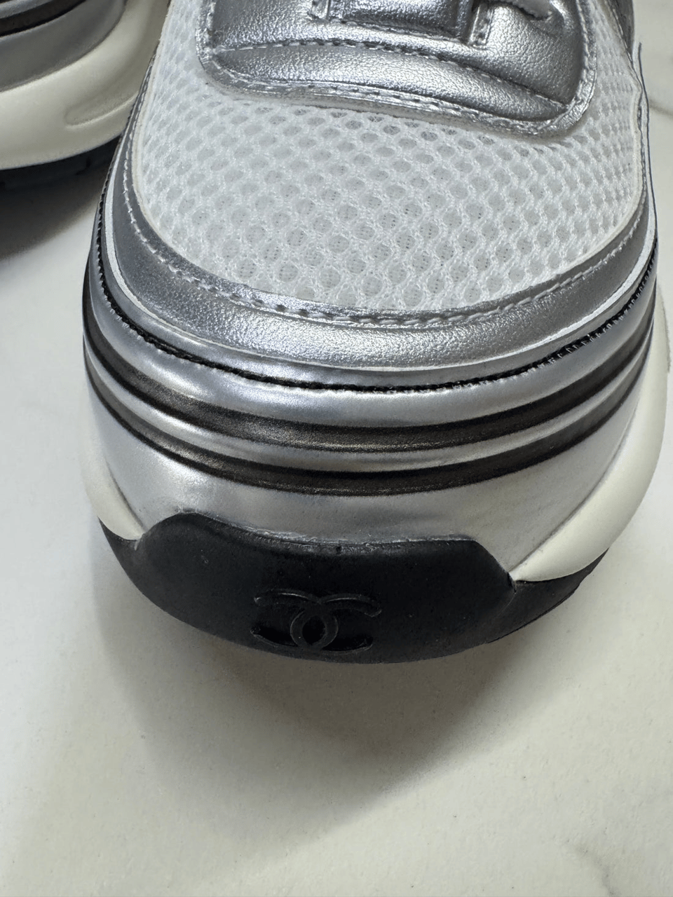 Chanel CC Logo Metallic Mesh Sneakers White/Silver view 7