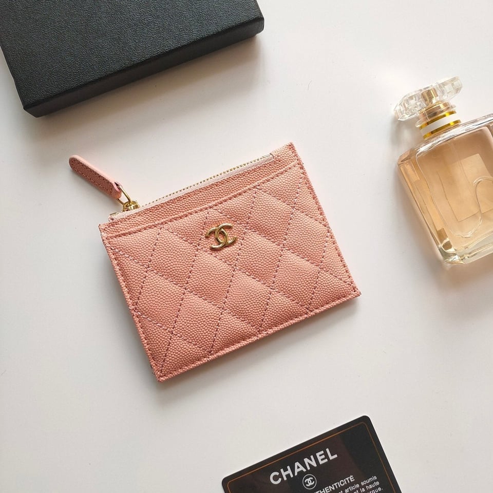 Chanel Zipped Card Holder 11.5 Peach Grained Calfskin Gold Icon view 2