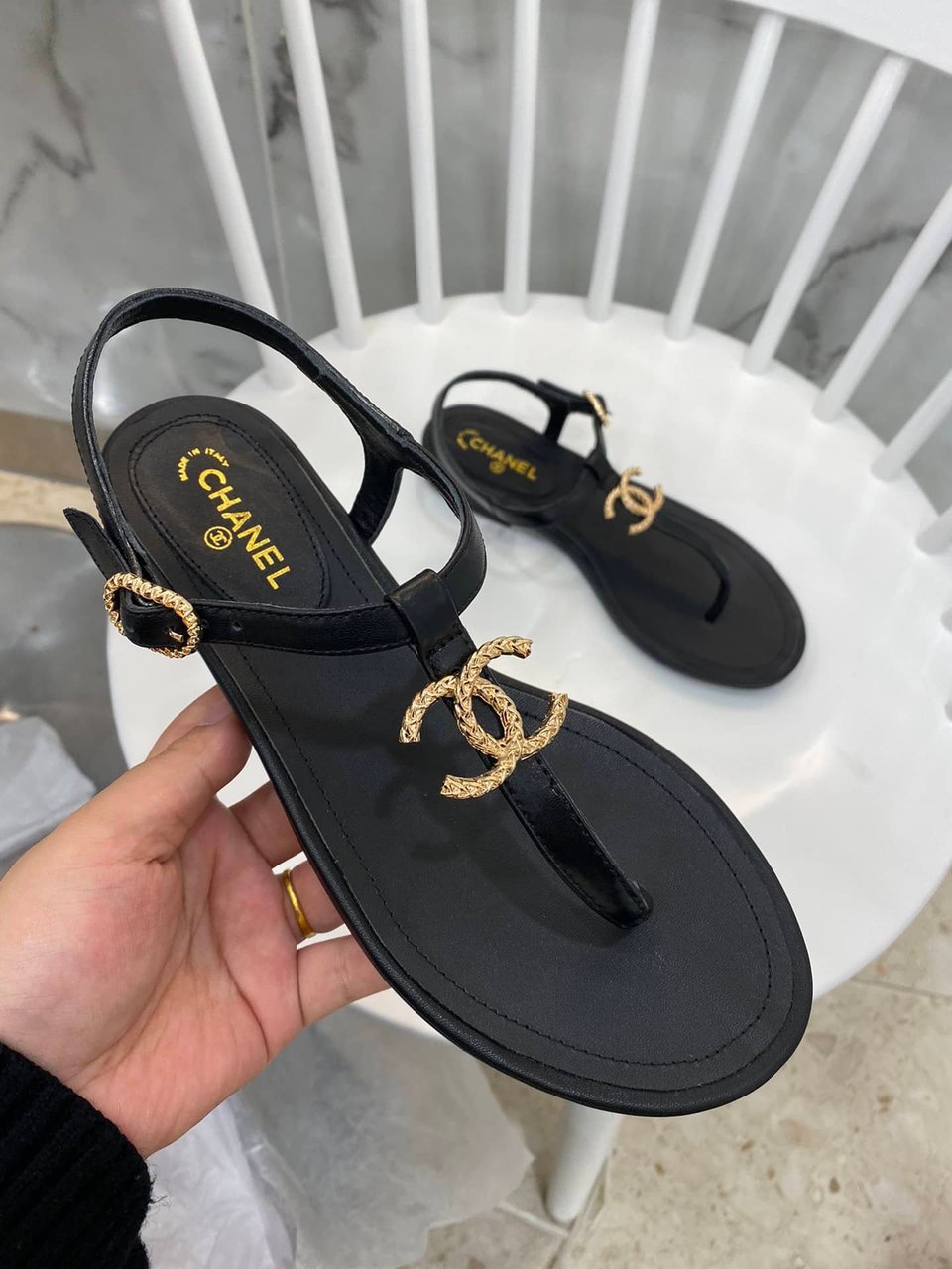 Chanel Gold Cc Logo Thong Sandals Black view 7