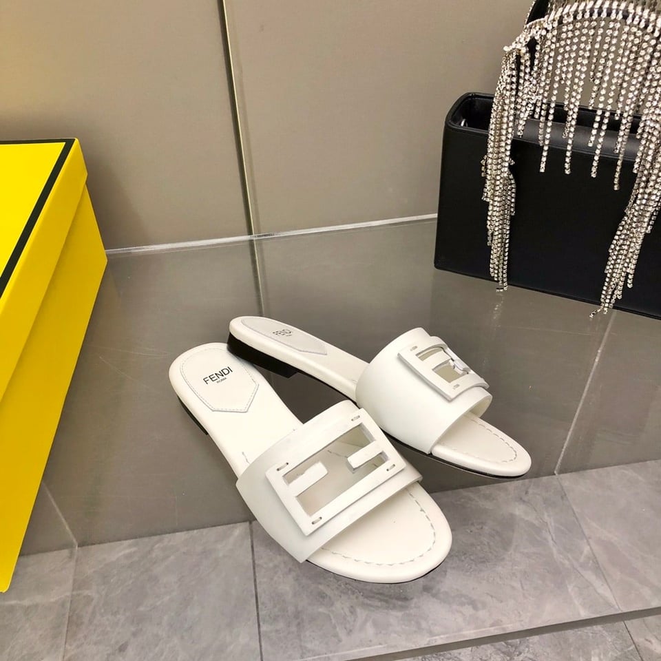Fendi Baguette White Leather Slides view 6