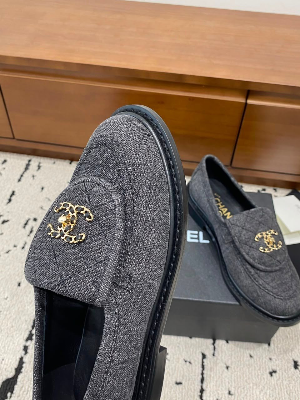 Chanel Quilted Fabric Loafers with CC Chain Logo Dark Grey G39834 view 6